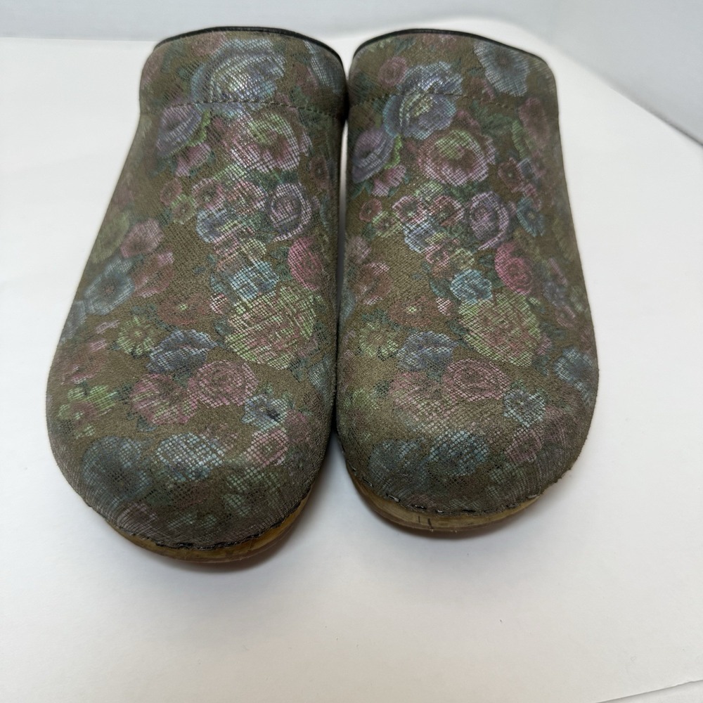 Sanita Floral Leather Clogs Women EU 41 US 10.5-11 Green Pink‎ Wood Sole Poland